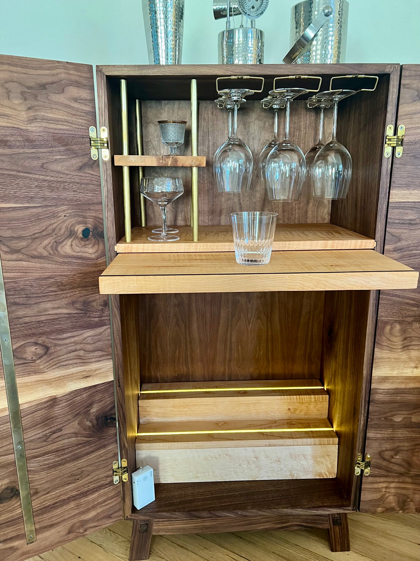 American walnut liquor cabinet with Birdseye maple accents