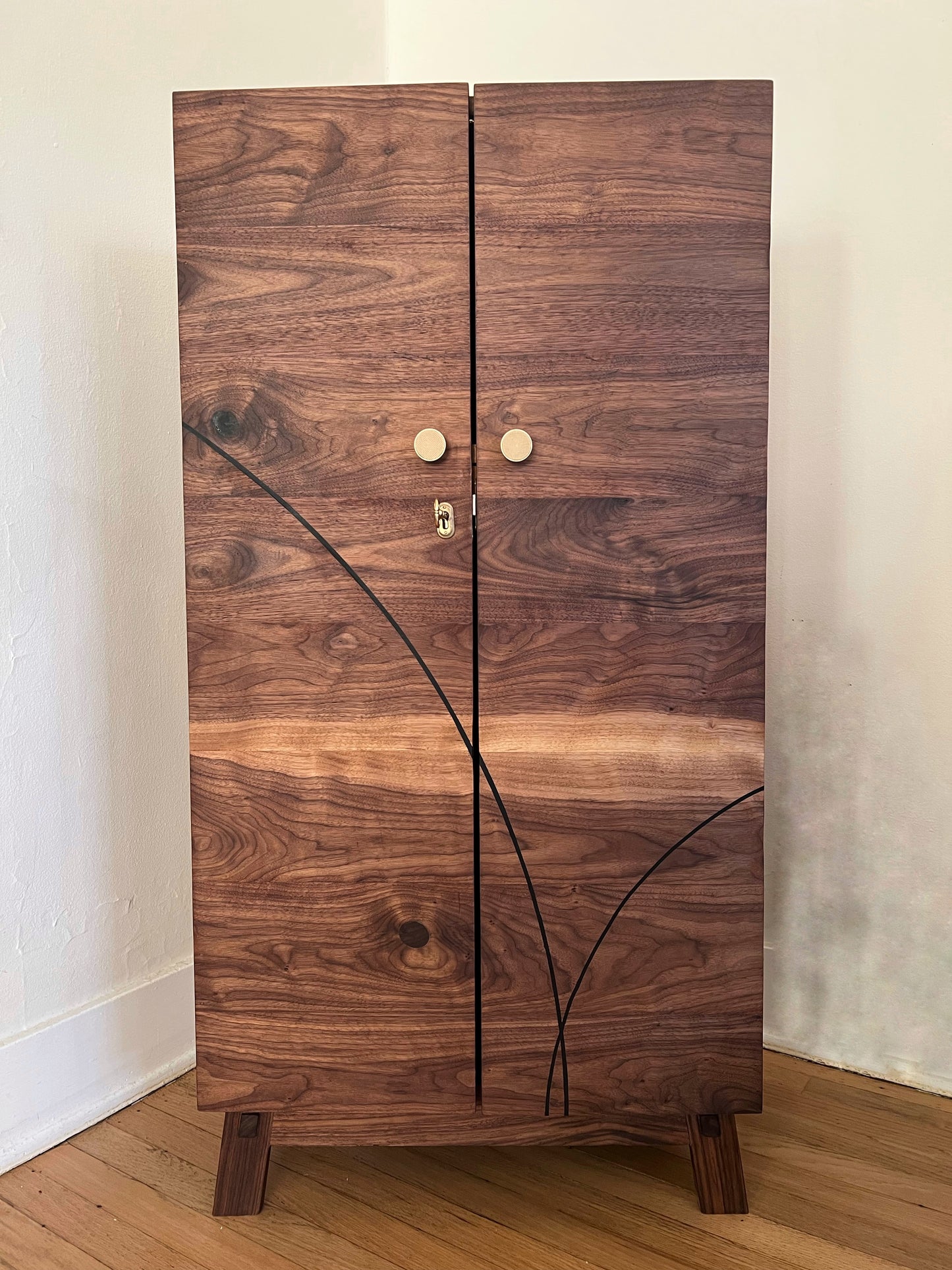 American walnut liquor cabinet with Birdseye maple accents