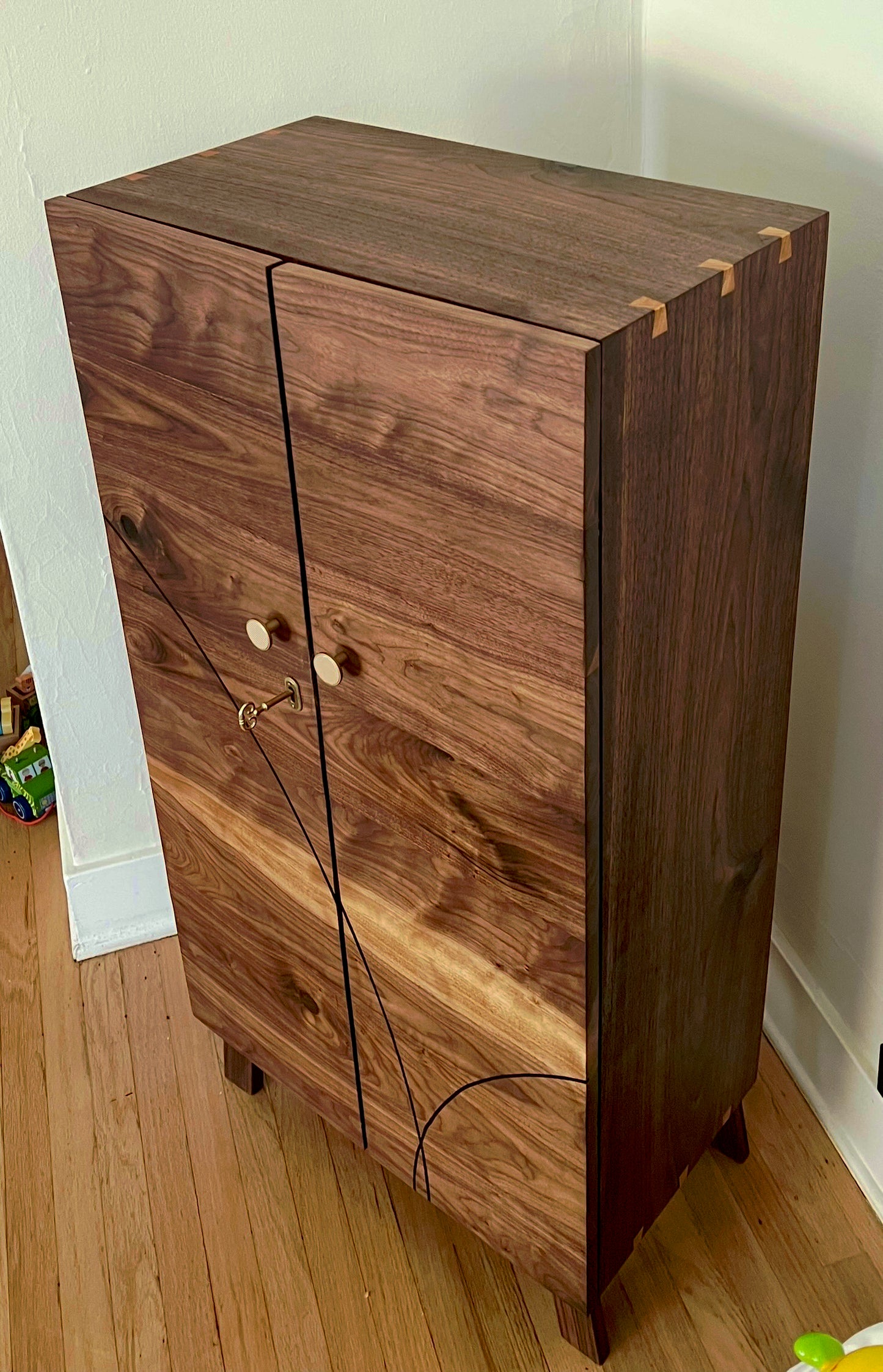 American walnut liquor cabinet with Birdseye maple accents