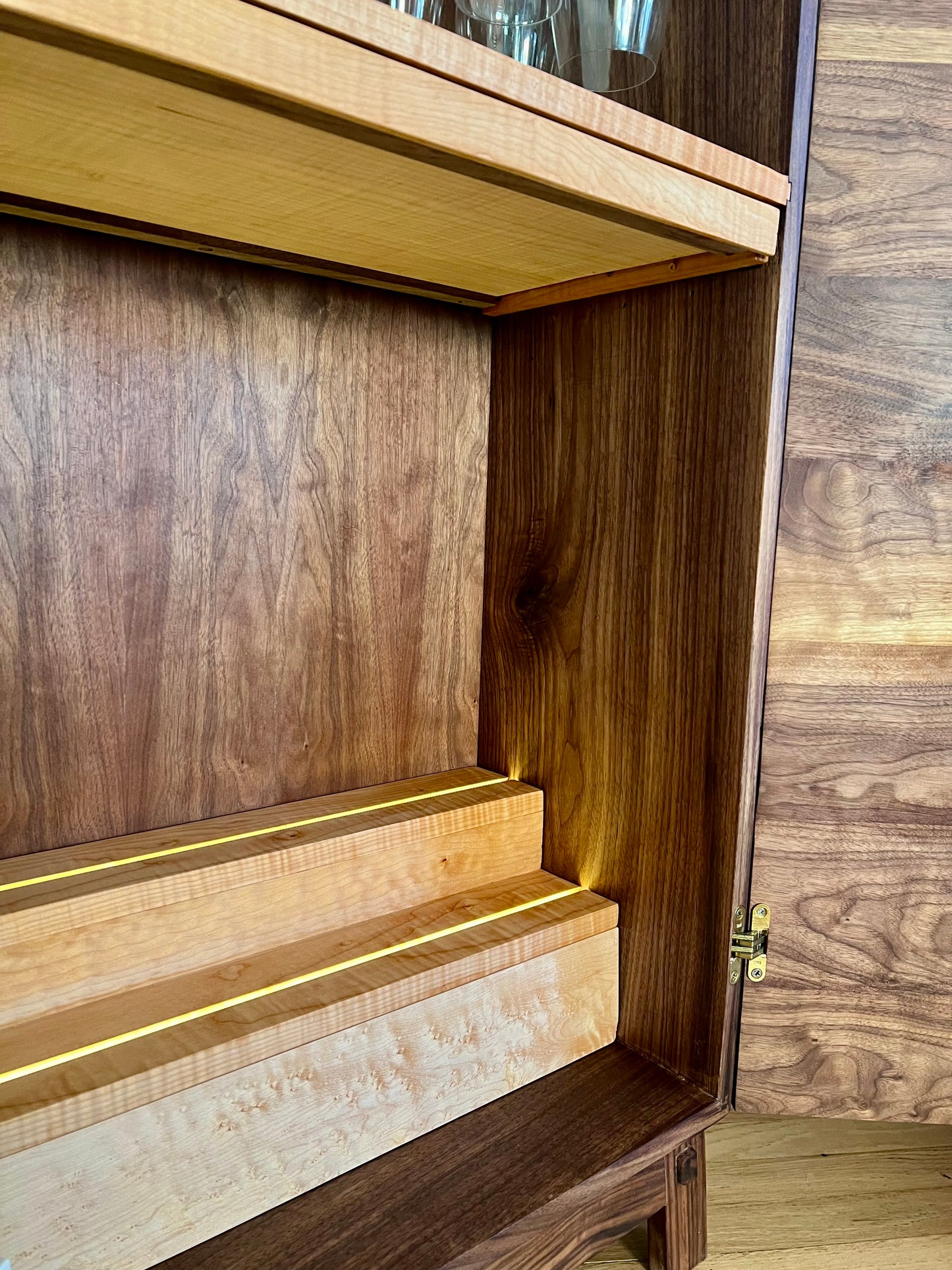 American walnut liquor cabinet with Birdseye maple accents
