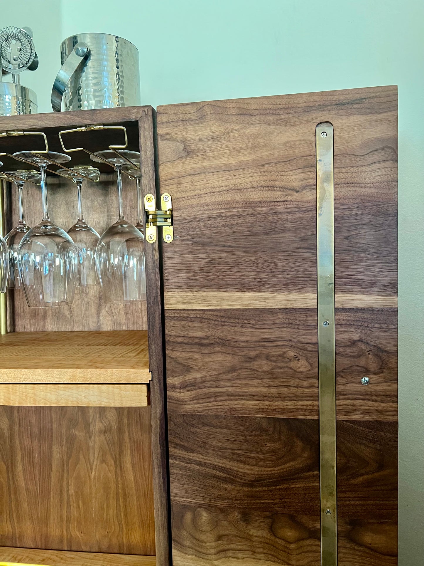 American walnut liquor cabinet with Birdseye maple accents