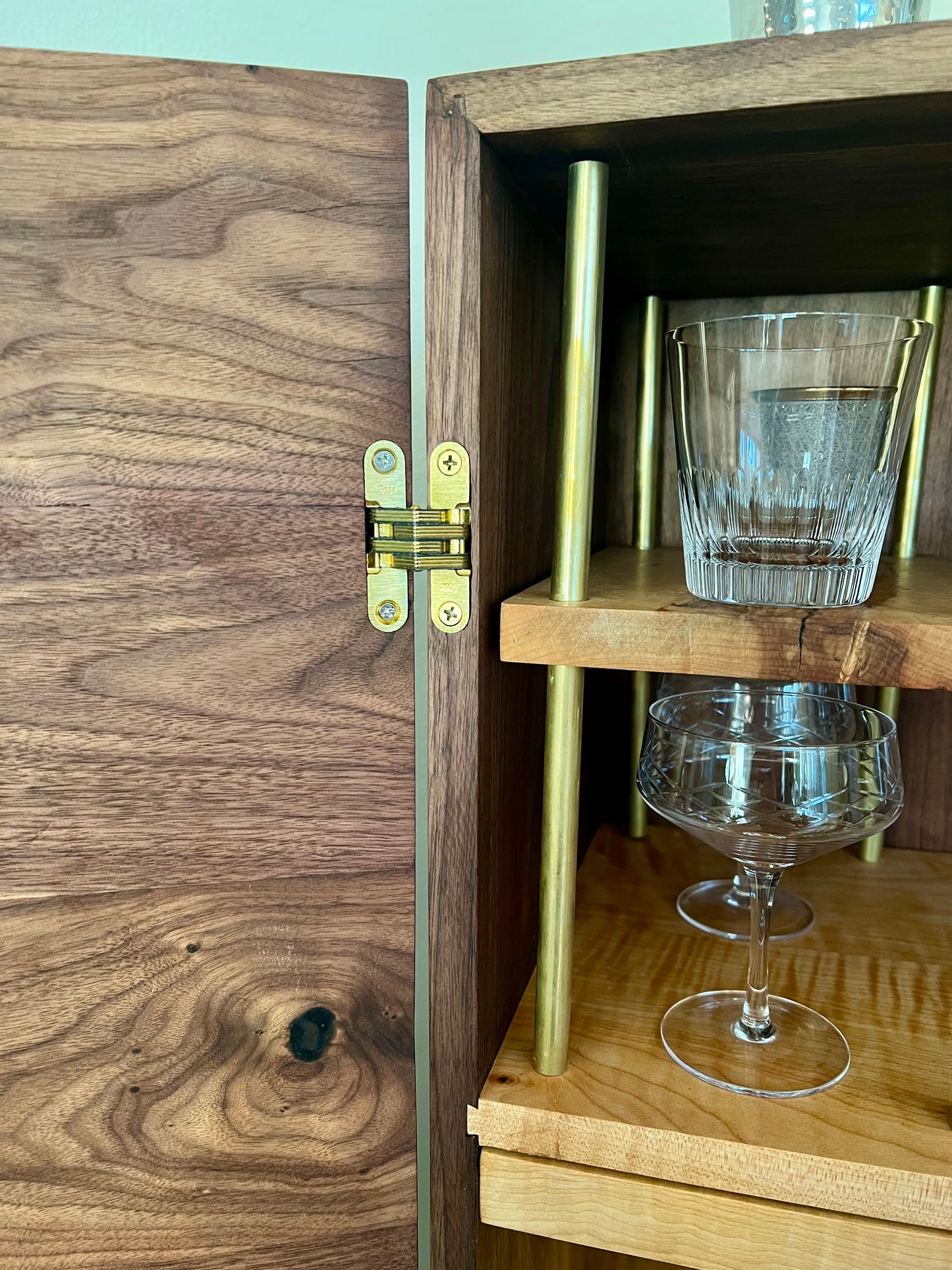 American walnut liquor cabinet with Birdseye maple accents
