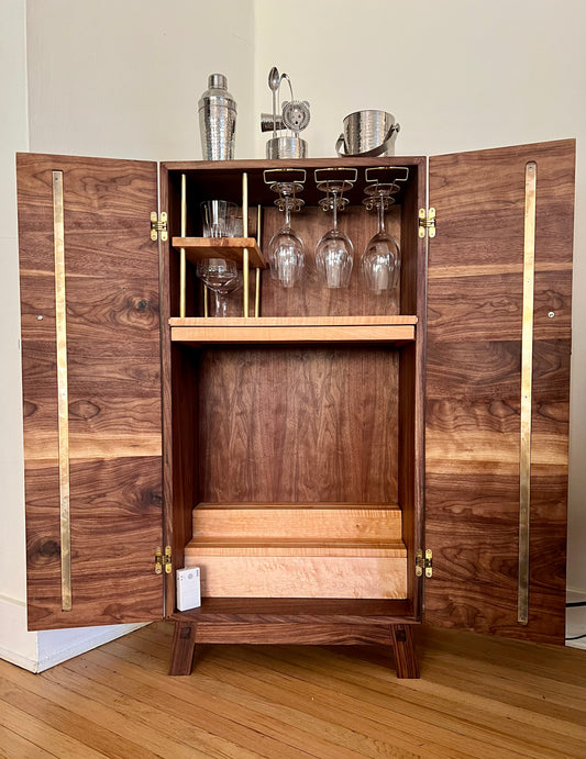 American walnut liquor cabinet with Birdseye maple accents